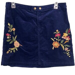 Mossimo Supply Co Mini Skirt 10 Blue Corduroy‎ Embroidered Flowers Boho Hippie